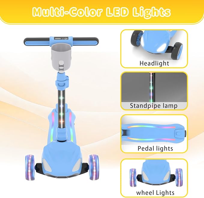 SIMATE Electric Scooter for Kids Ages 3+, 3 Wheel Balance Scooter, 3 Adjustable Heights, Foldable & LED Display & Thumb Throttle, Long Battery Life, Full Body Lights Up, Gift for Kids Boys Girls