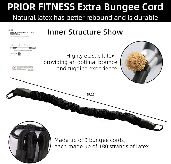 PRIOR FITNESS Premium Bungee Cord, Heavy Duty Bungee Fitness Cord,88-264Pounds Resistance Cord Elastic Rope Suspension Workout Fitness Bands for Exercise at Home Gym Include ONLY 1* Extra Bungee Cord