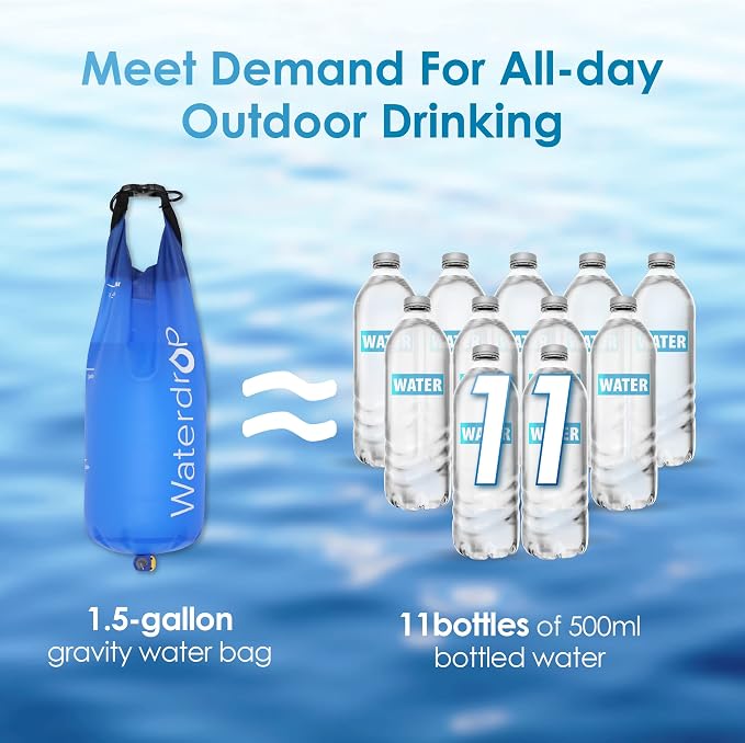 Waterdrop Water Filter Straw 4 Pack with Gravity Water Bag, Gravity Water Filtration System, Water Purifier Survival for Travel, Backpacking, 1.5 gal Bag, 0.1 Micron, 5 Stage Filtration