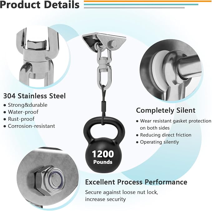 360°Rotating Hammock Hanging Kit, Heavy Duty 1200 lb Capacity Stainless Steel Hanging Swing Hooks, 1 Pack Swing Hanger for Yoga, Hammock Chair, Sandbag, Swing Sets(Silver