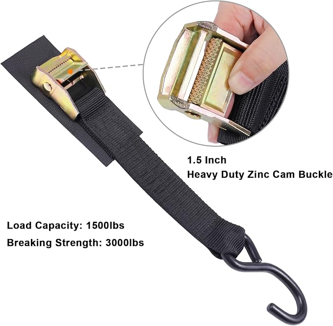 Ayaport Cam Buckle Tie Down Straps 8 feet 3000lbs Break Strength Securing Straps with S Hooks for Motorcycle, Kayak, Car, Truck, Dirt Bike