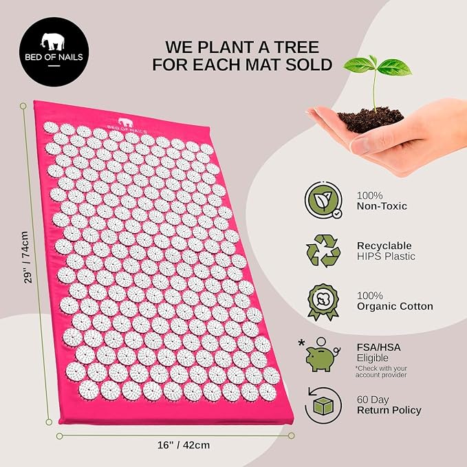 Bed of Nails Original Acupressure Mat with 8820 Precision Nails for Massage Therapy, 29 x 16 x 1", Pink
