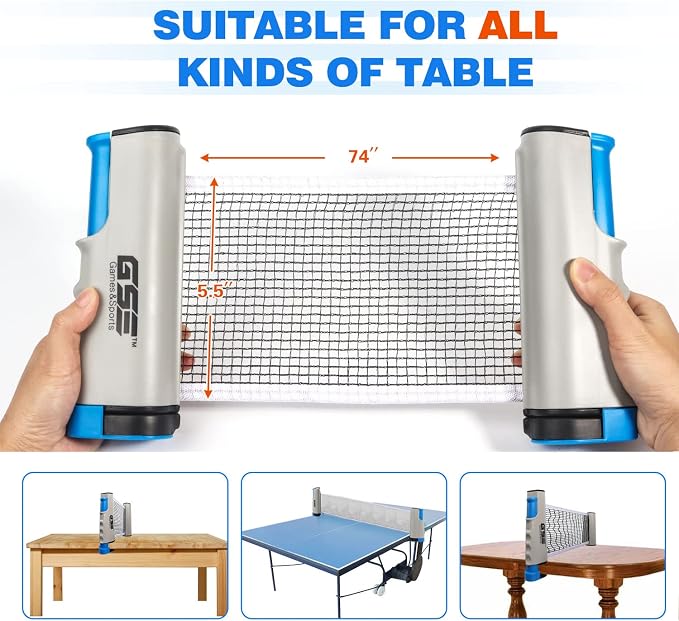 GSE Games & Sports Expert Adjustable Retractable Ping Pong Net Set & Post. Professional Table Tennis Rackets and Balls, Net with Posts and Storage Bag - Pingpong Paddle and Game Table Accessories. | Adjustable