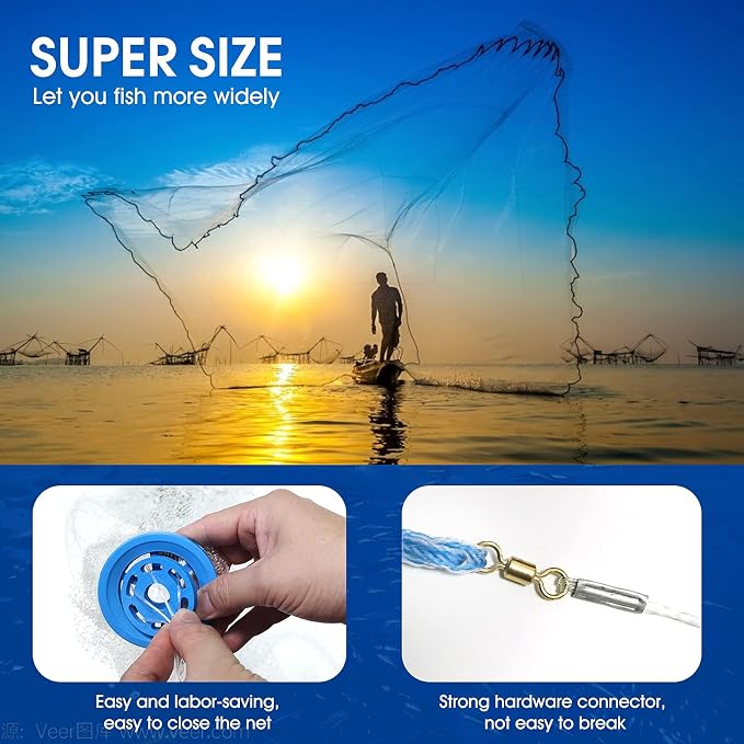 Nylon Monofilament Cast Net, 4FT/6FT/7FT/8FT/9FT/10FT/12FT American Style Hand Throwing Fishing Net with Iron Chain Weights for Saltwater and Freshwater