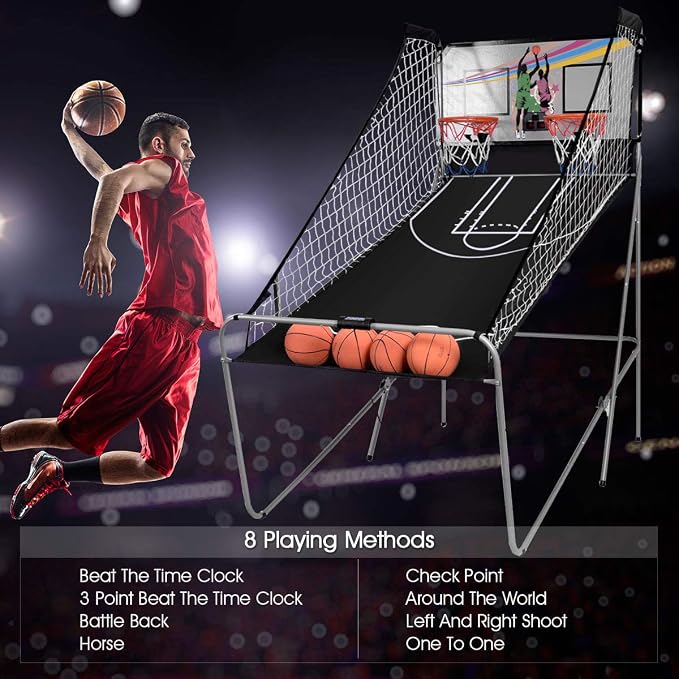Giantex Foldable Basketball Arcade Game, 8 Game Options, Electronic Double Shot 2 Player w/ 4 Balls and LED Scoring System, Indoor Basketball Game for Kids, Adults