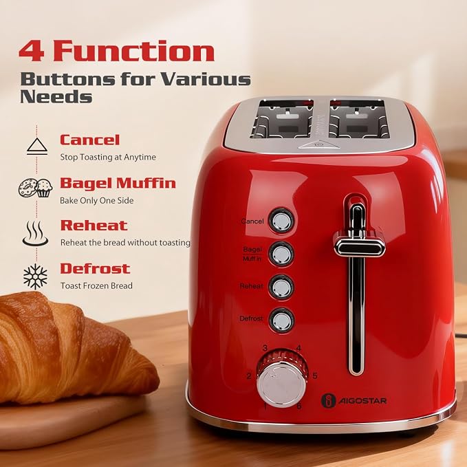 Aigostar Toaster 2 Slice, Retro Extra-Wide Slot Toasters Best Rated Prime for Toasting Bagels, Breads, Waffles & More, Cancel, Defrost & 6 Browning, Removable Crumb Tray, Stainless Steel, Red