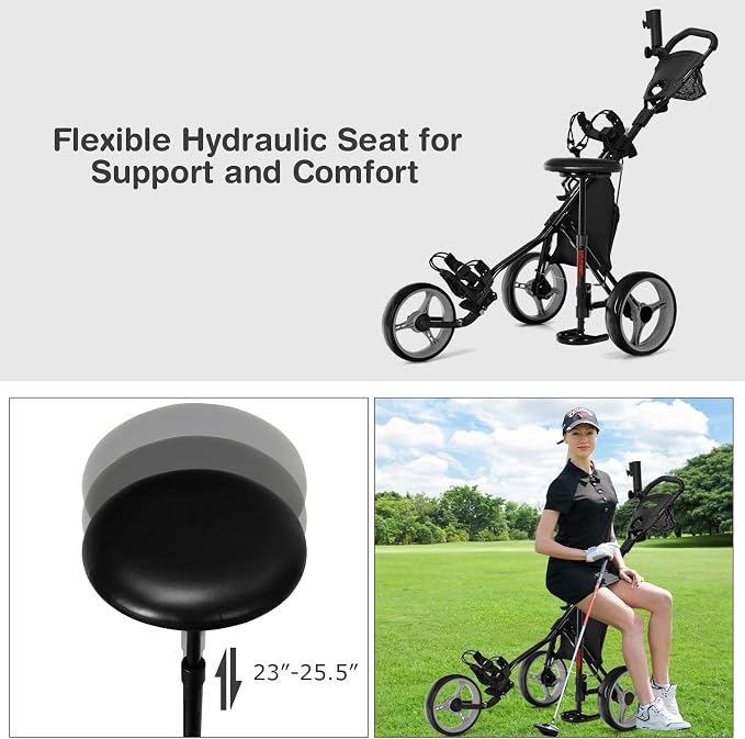 GYMAX Foldable 3-Wheel Height Adjustable Lightweight Golf Caddy Cart with Umbrella Holder, Hydraulic Seat, Storage Bag & Cup Holder