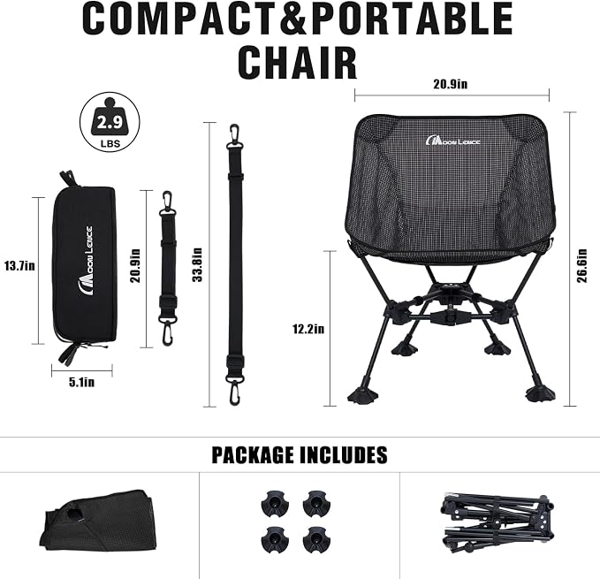 MOON LENCE Portable Camping Chair Backpacking Chair Ultralight Folding Chairs with Tear Resistant Fabric， Detachable Anti-Sinking Feet for Beach, Black