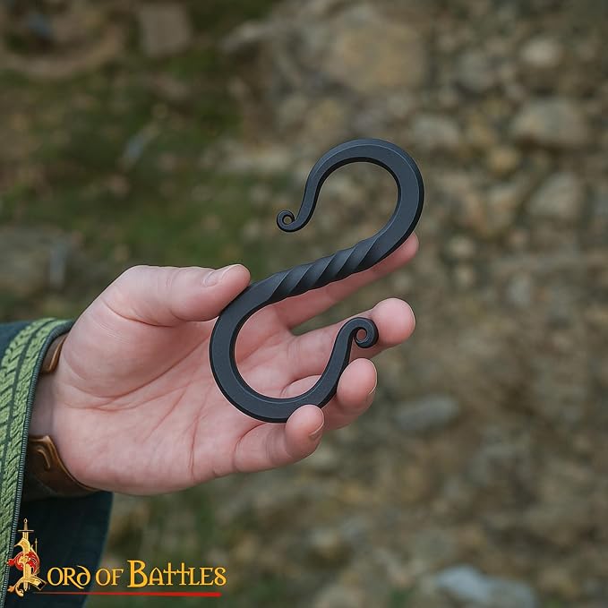 Lord of Battles Twisted Hand Forged Iron S-Hooks Set of 10 - Medieval Rustic Twisted Black S-Shaped Heavy Duty Hanging Hooks for Kitchen, Camping, Garden & Home