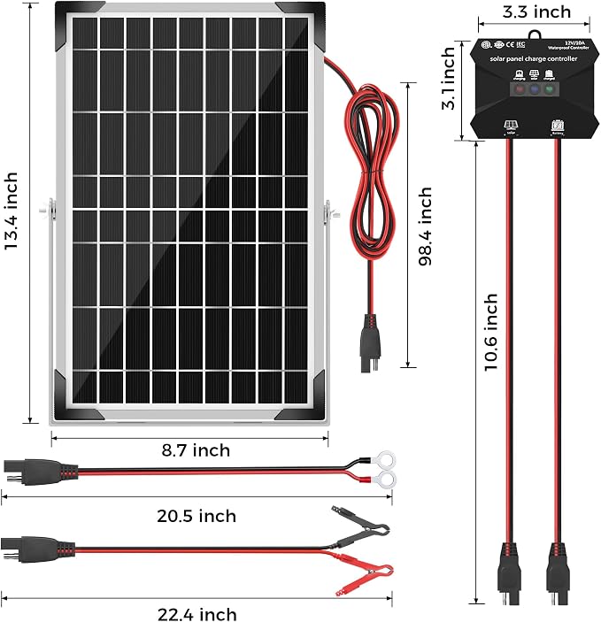 Voltset Solar Battery Trickle Charger: 10 Watt 12V Solar Panel Maintainer for Car Boat - Waterproof Monocrystalline Solar Charger with Controller for RV Marine Trailer Truck Motorcycle