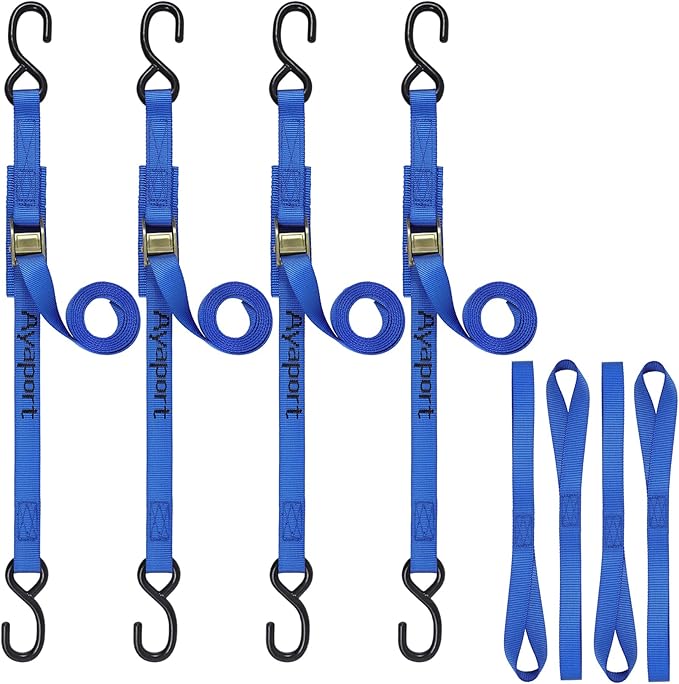 Ayaport Cam Buckle Tie Down Straps 6 feet 2200lbs Break Strength Blue Securing Straps with S Hooks for Motorcycle, Kayak, Car, Truck, Dirt Bike
