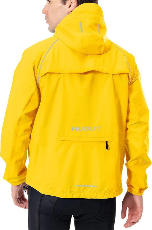 Hugut Men's Cycling Running Rain Jacket Lightweight Waterproof Biking Hiking Windbreaker Raincoat Reflective Packable