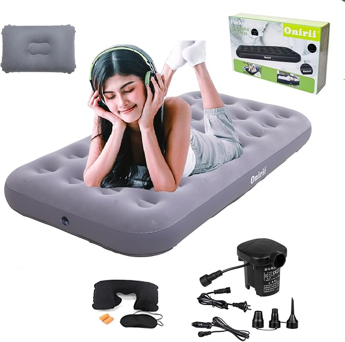 Onirii Twin Size Single Camping Air Mattress Bed with Air Pump | 75"x 39"Thickened Portable Inflatable Mattress Blow Up Air Mattress,Travel Sleeping Bed Pad for Camping Home Hiking(Gray)