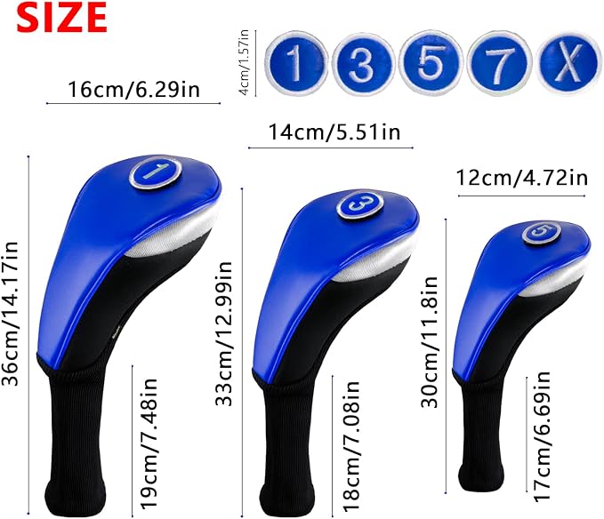 Andux 3pcs/Set PU Golf Wood Club Head Covers with Long Neck | for 460cc Driver Fairway Wood Club with Hook & Loop No. Tags Coloured Piping Pull-On Closure