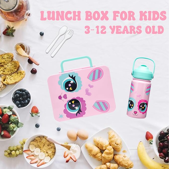 Bento Box for Kids with Ice Pack Lunch Box Girls with Lunch Bag,Stainless Steel Water Bottle Set Utensils Set Food Container for School Girls Kids