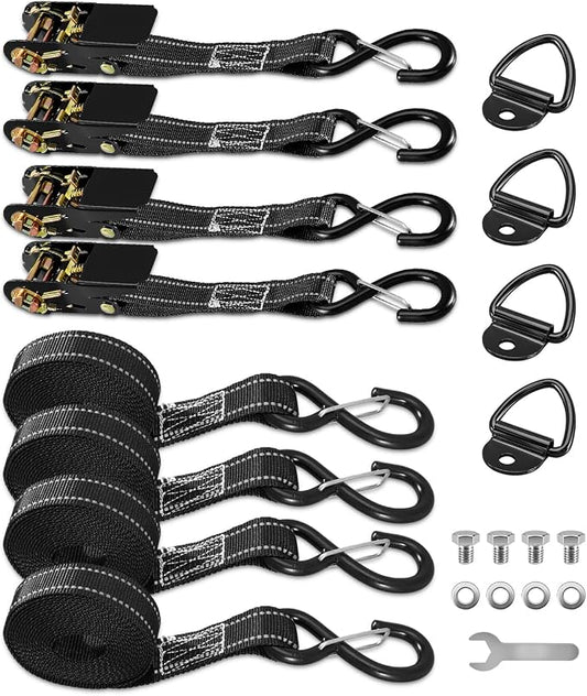 10 Ft Tie Down Kit Compatible with RuffLand Kennel, Tie Down D Ring Kit with Wrench, Ratchet Tie Down Straps with Night Reflection, 1000 LB Working Load 1800 LB Break Strength, 4 Pack