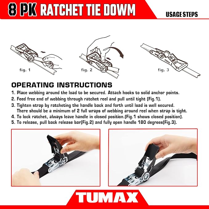 Ratchet Straps, 900 LB Break Strength, 8-Pack 10FT Ratchet Tie Down Straps Set for Motorcycle Straps Tie Downs, Appliances, Lawn Equipment, Logistic Cargo Straps for Trucks (Black)