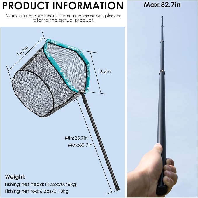 THKFISH Carbon Fiber Fishing Net - Long Handle, Portable Telescopic Landing Net - 27 to 157.5 Inch - Aluminum Mesh Frame Rubber Coated