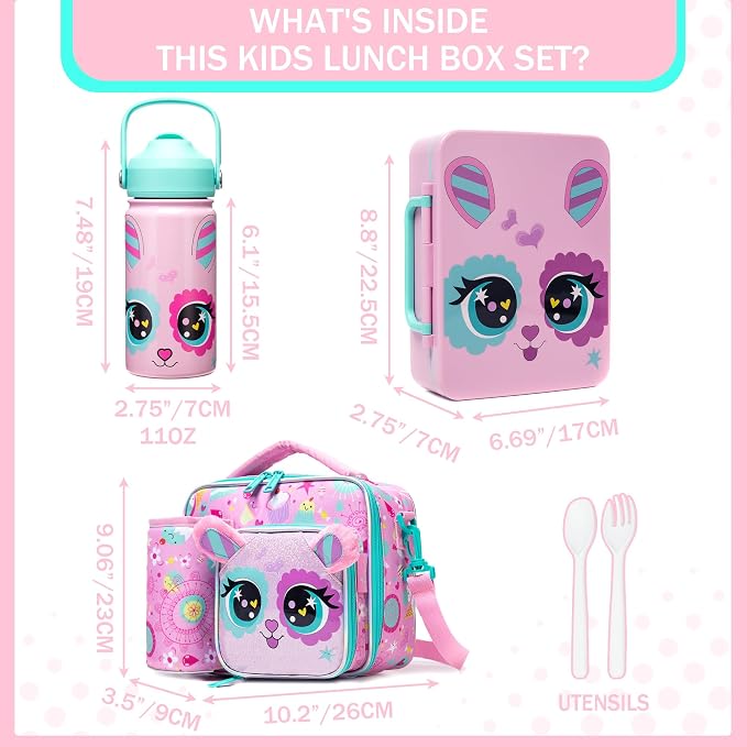 Bento Box for Kids with Ice Pack Lunch Box Girls with Lunch Bag,Stainless Steel Water Bottle Set Utensils Set Food Container for School Girls Kids