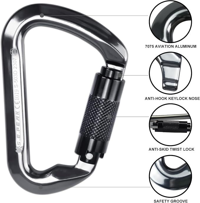 SEPEAK UIAA 30kN Climbing Carabiner Clips, Professional Heavy Duty Twist Locking Carabiners for Climbing,Mountaineering, Rappelling, Camping, Hiking, Swings, Large D Ring Hooks