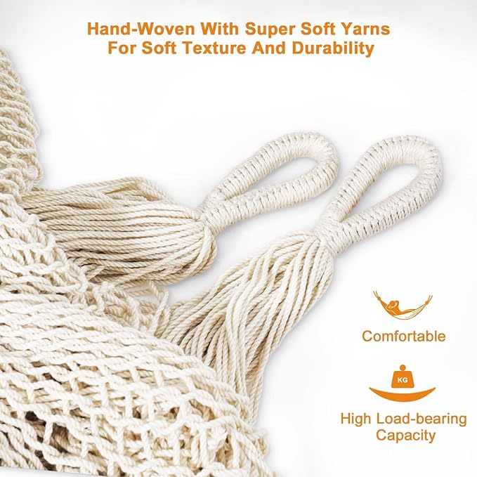 Lazy Daze Hammocks Handwoven XL Mayan Hammock, 10.5 FT Soft Rope Double Hammocks, Portable Outdoor Hammock with Carry Bag, 2 Straps & Carabiners for Patio Outside, 550 lbs Weight Capacity, Natural