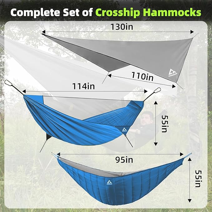 Camping Hammock with Mosquito Net, Underquilt & Rain Fly Tarp – 2 Person Portable Hammock Set for Hiking, Backpacking, Travel, Backyard, Beach – Holds Up to 500lbs (Blue)