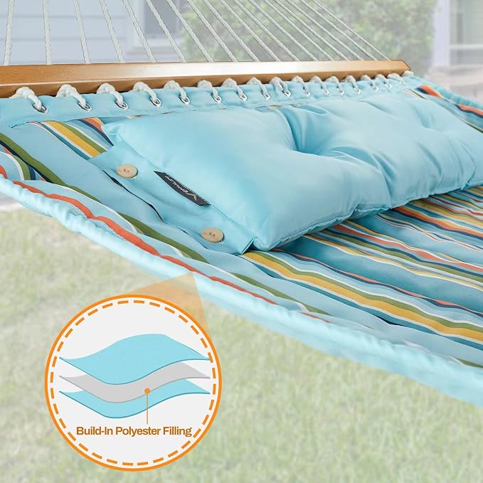CHULIM 12 FT Double Quilted Fabric Hammock with Spreader Bars and Pillow 450 LBS Weight Capacity 2 Person Hammock for Outdoor Patio Backyard Poolside Blue Stripes