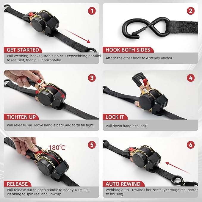 Heavy Duty Retractable Ratchet Tie-Down Straps 1800 lbs, 1in × 10ft Auto Retract Tie Downs with Zinc S-Hooks, Cargo Straps for Trucks, Trailers, Roof Racks & Moving, 2 Pack, Black, Damped Rewind