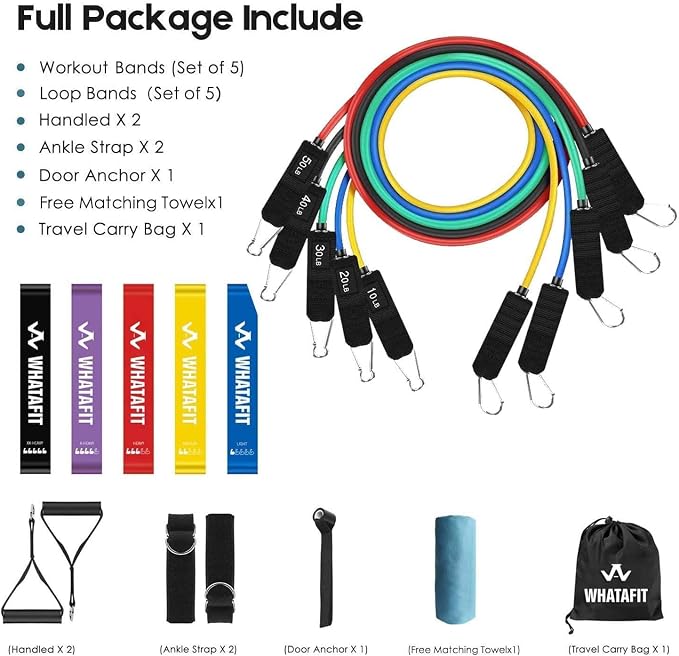 WHATAFIT Resistance Bands, Exercise Bands, Workout Bands with Handles, Door Anchor and Ankle Straps, 5 Resistance Levels Fitness Bands for Strength Training, Physical Therapy, and Home Gym Equipment