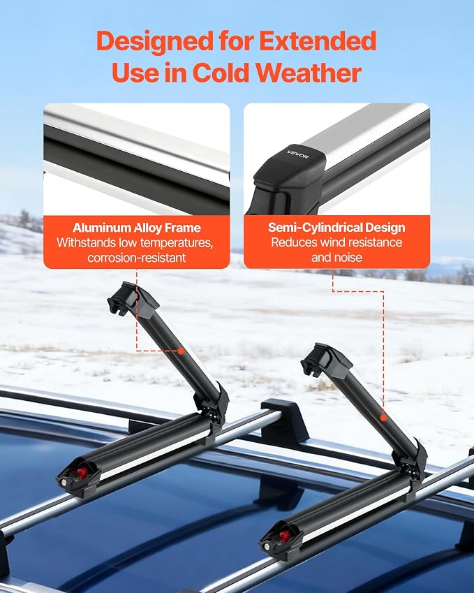 VEVOR Ski & Snowboard Roof Rack, Carry up to 4 Pairs of Skis or 2 Snowboards, 2 PCS Aluminum Universal Car Roof Rack with Lock & Rubber Padding, Carrier for Fishing Rod, Fit Most Slotted Crossbars
