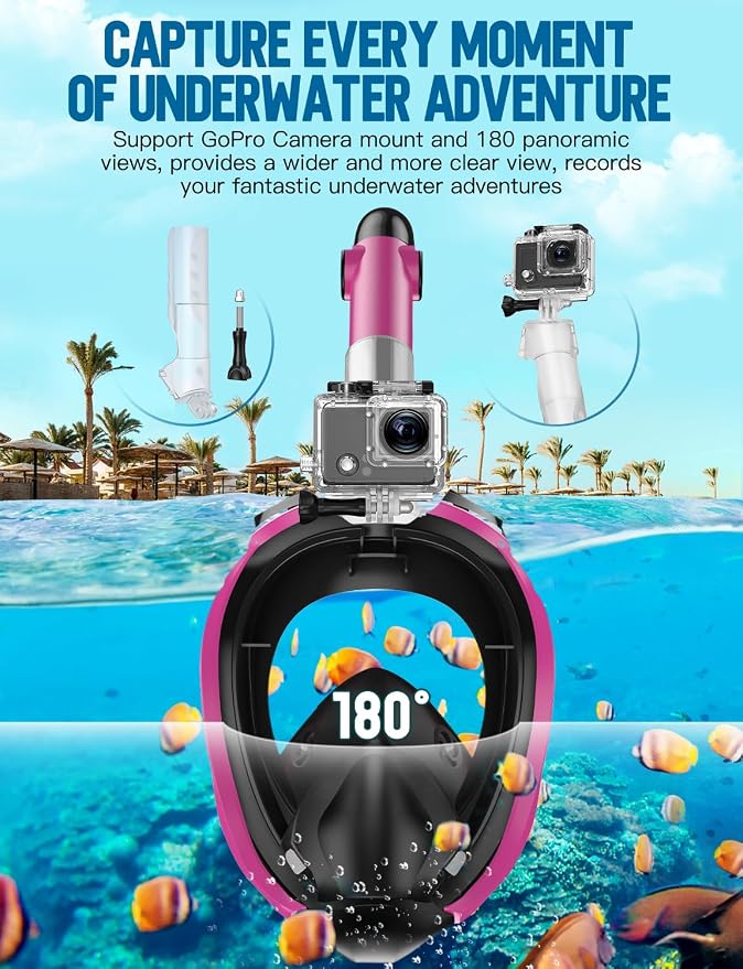 Full Face Snorkel Mask for Adults, 180° Panoramic Anti-Fog Snorkeling Gear with Dry Top System & Camera Mount, Foldable Anti-Leak Design for Travel, Swimming & Ocean Snorkeling