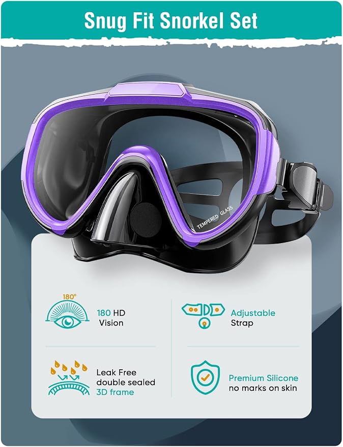 Seovediary Snorkel Set Adults Snorkeling Gear Anti-Fog Panoramic View Swim Mask Dry Top Snorkel Kit with Carry Bag for Snorkeling Scuba Diving Swimming Travel