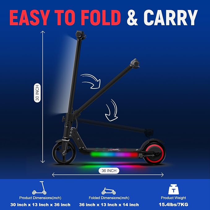 Classic Foldable Electric Scooter for Kids, Bright Front Lights, Shining Pedal Lights, LED Display, Dual Brakes 150W Motor Kids Electric Scooter, UL2272 Certified