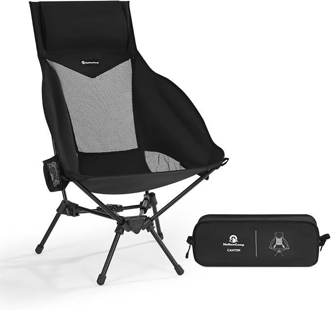 MellowCamp Folding High Back Camping Chair with Pillow, Portable Lightweight Chair Supports 374 lbs for Car Camping, RV, Tailgating, Beach, Fire Pit, Festival (Black)