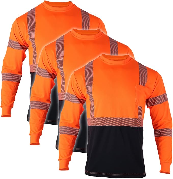 VENDACE Safety T Shirts Reflective High Visibility 3 Pack Hi Vis Long Sleeve Construction Work Shirts for Men (Orange,M)