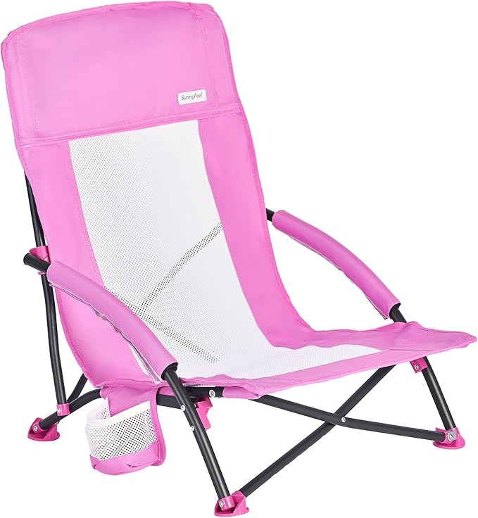 SUNNYFEEL Folding Low Beach Chair 2 Pack - Lightweight Portable Lawn Chair with Mesh Back, Cup Holder for Outdoor/Travel/Picnic/Concert, Foldable Camp Backpack Chair with Carry Bag