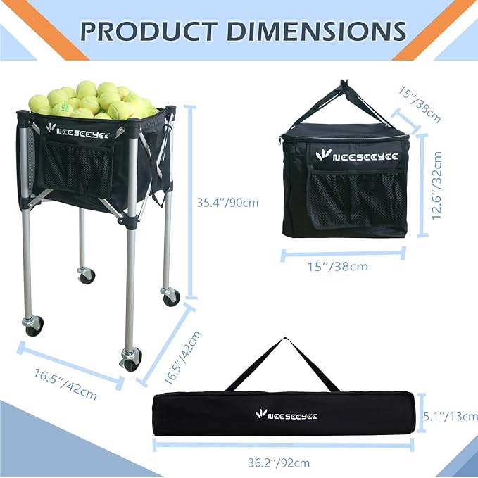 Portable Tennis Ball Hopper Tennis Ball Basket with Wheels Basket Hold Up to 160 Racquetball, Pickleball, Baseball, Badminton