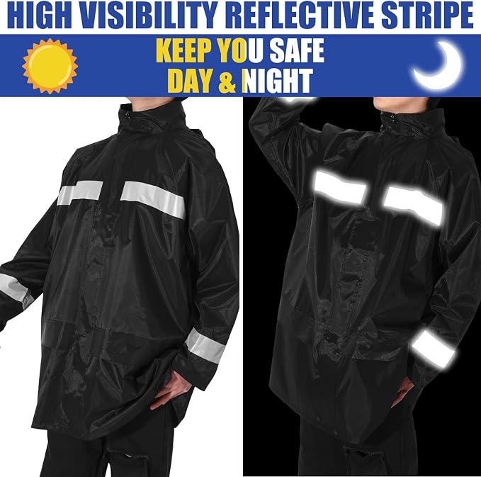 Halfchet 2 Pcs Reflective Rain Jacket for Men Waterproof High Visibility Rain Coat Black Safety Jacket with Reflective Strip