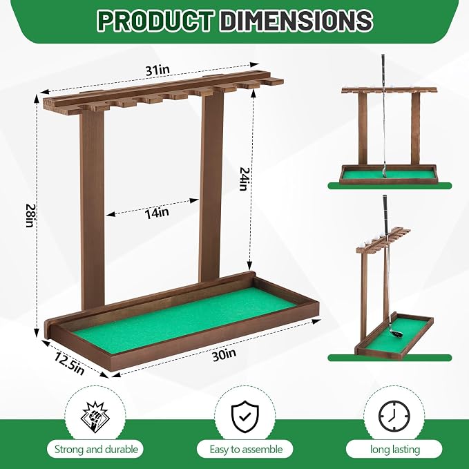 Blosssound Golf Putter Stand for 8 Clubs & 12 Balls Wooden Golf Club Holder Golfs Rack Display Organizer Storage with Artificial Grass Mat for Sports Indoor Home Garage Accessories