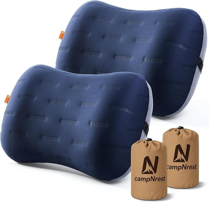 Inflatable Camping Pillow - Ultralight Compact Air Pillow for Travel, Backpacking & Hiking - Ergonomic Neck & Lumbar Support - Portable Inflatable Pillow with Removable Washable Cover - (Blue 2 Pack)