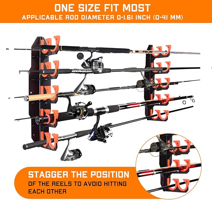 Hikeen Fishing Rod Holders, Fishing Pole Holders for Garage, Wall or Ceiling Mounted Fishing Rod Rack Holds Up to 10 Rods（1 Pack）