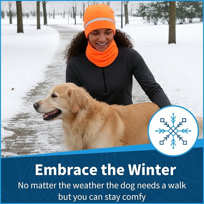 Hunter Orange Winter Running Set: Reflective Beanie + Micro-Fleece Neck Gaiter