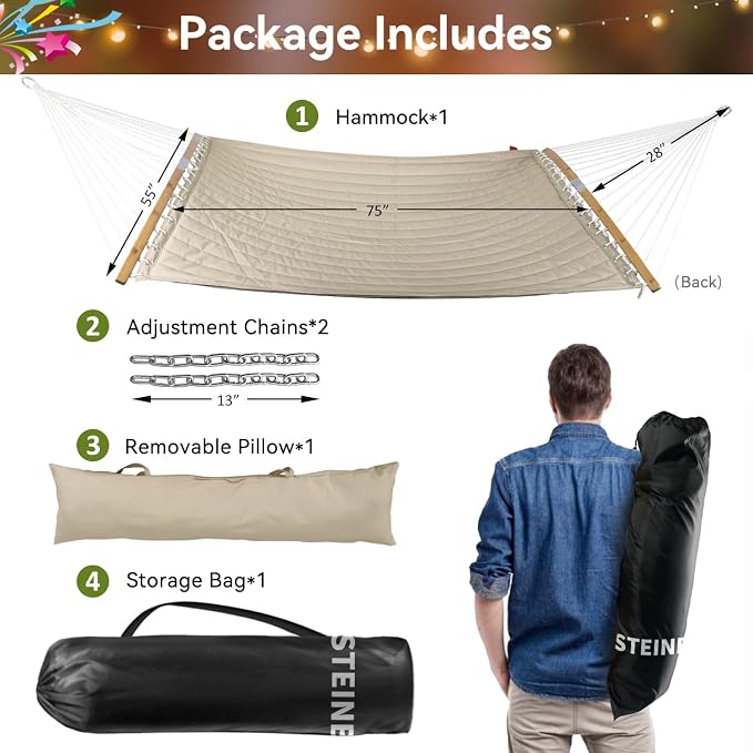 Double Hammock, 11 FT Quilted Fabric 2 Person Hammock for Outside with Pillow, Folding Curved Spreader Bar, Chains, Carrying Bag, Indoor Outdoor, 450 IB Capacity, Aqua Green