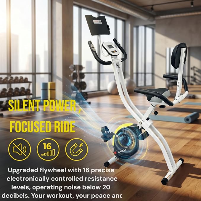 Folding Exercise Bike, Foldable Upright Stationary Bike, Indoor Cycling Magnetic X-Bike with 16-Level Electronic Resistance, Back Support Cushion for Home Gym