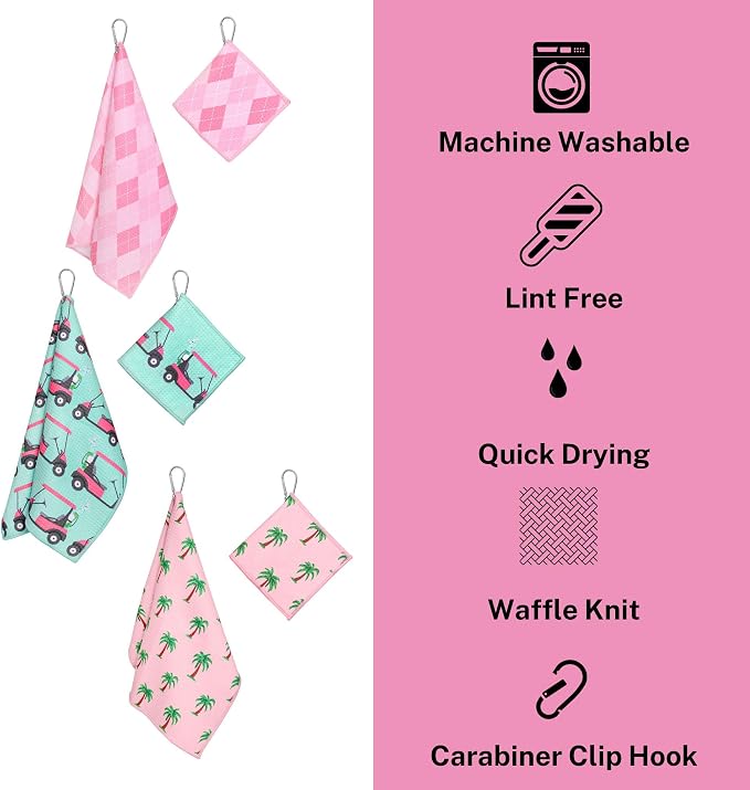 Golf Towel Gift for Golf Bags with Clip for Men & Women, Waffle Weave Microfiber Towel with Industrial Strength Clip Hook for Strong Hold to Golf Carts or Clubs, Set of 6
