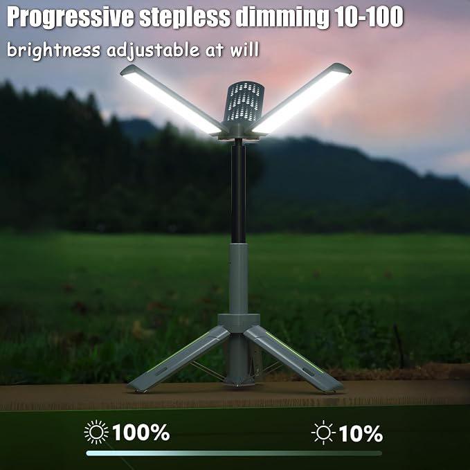 Rechargeable Camping Lights with Stand - Telescopic Cordless Work Lights with 3 LED Lamp Heads, Dimmable Emergency Tripod Flashlight, Portable Outdoor Lantern for Garage Power Outages Fishing