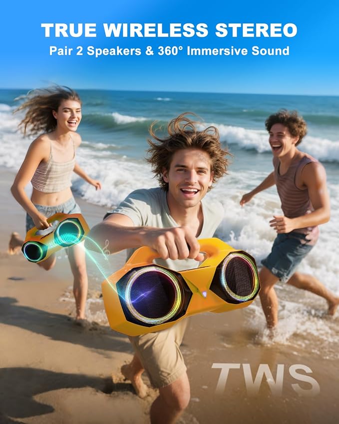 OZJ Bluetooth Speaker Outdoor Loud: 80W(Peak) with Bass, Portable Wireless Speaker with IPX7 Waterproof, 20H Playtime, RGB Lights, TWS for Outside, Beach, Work (Orange)