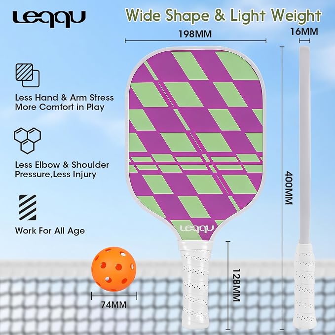 Fiberglass Pickleball Paddles Set of 2, Lightweight Pickle Ball Rackets Kit with Honeycomb Core Control Durable, 4 Outdoor Indoor Balls and Carrying Bag for Men Women