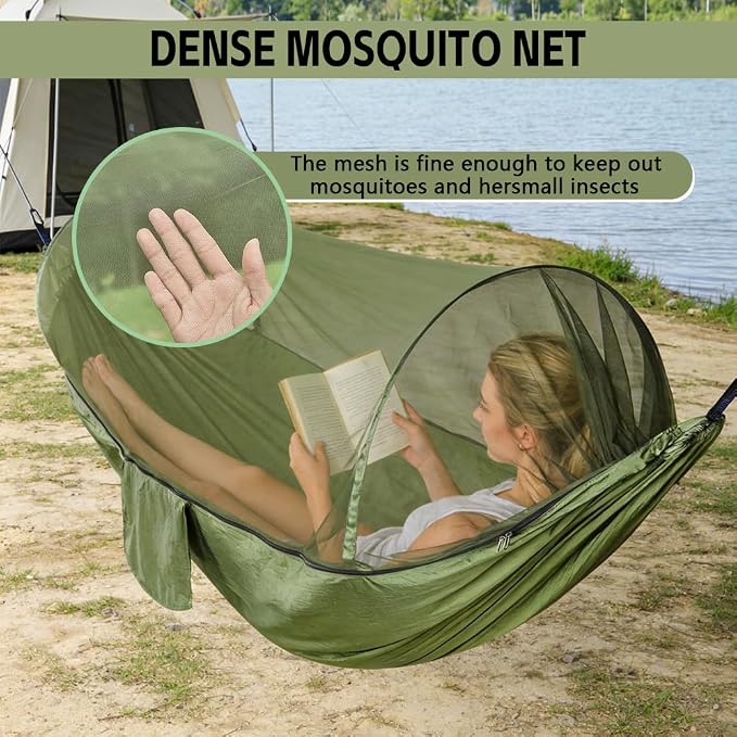 Camping Hammock with Mosquito Net - Double & Single Portable Hammocks with 2 Tree Straps, Lightweight Hammock Tent for Outdoor Camping, Hiking, Backpacking, Beach & Backyard (Army Green)