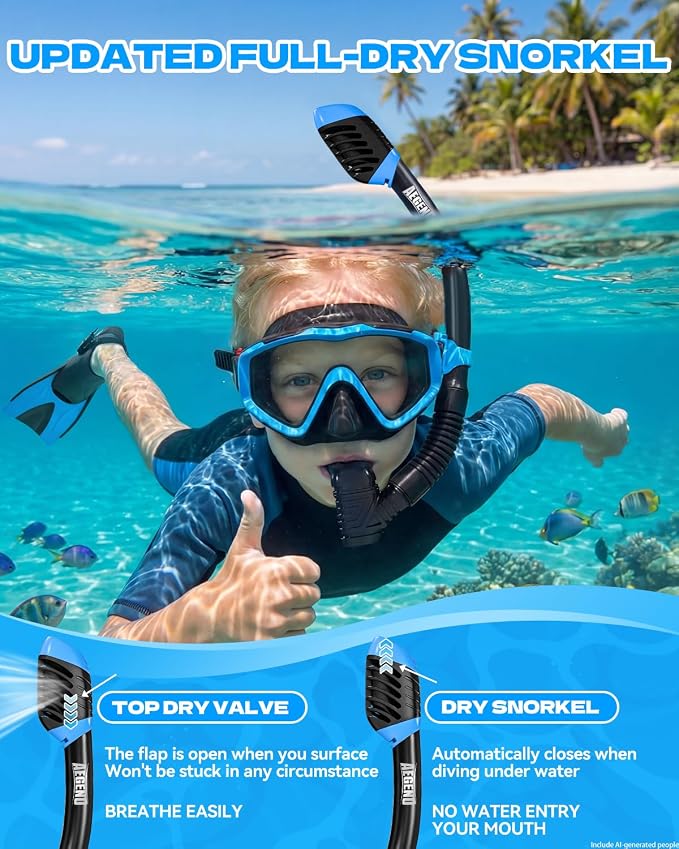 Aegend Snorkeling Gear for Kids Youth – 4-in-1 Snorkel Set with Anti-Fog Mask, Dry Snorkel & Adjustable Fins for Swimming, Diving, Snorkeling, Beach Vacation – Includes Travel Mesh Bag